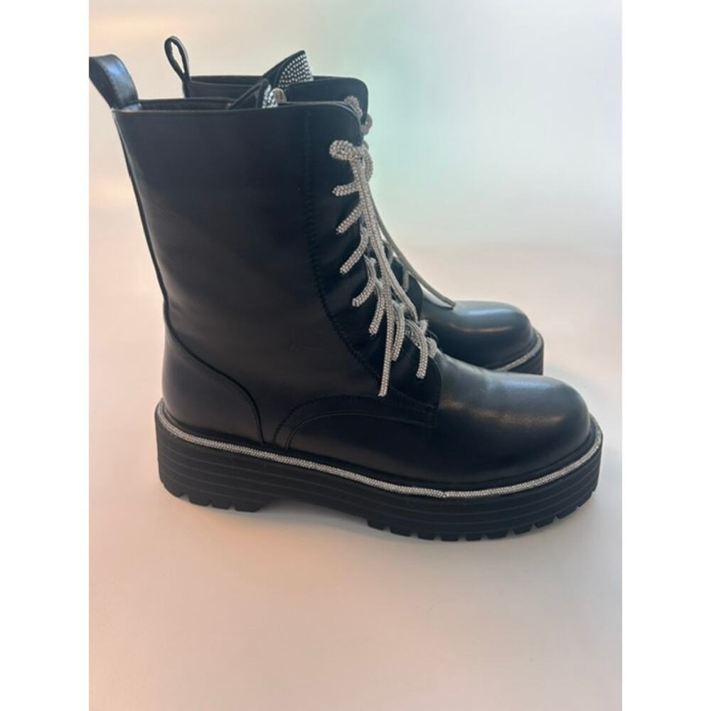 Azalea Wang Black Crystal Lace Attentive Combat Moto Boots 10 Glam Goth Grunge